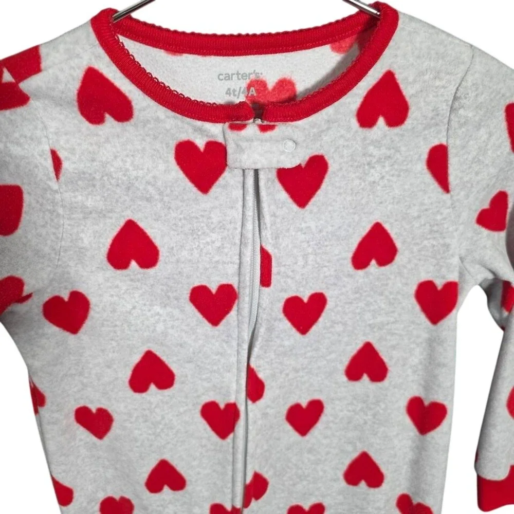 Carters Toddler Girls 4T Gray Red Heart Fleece Footed Sleeper Pajamas ZIP UP